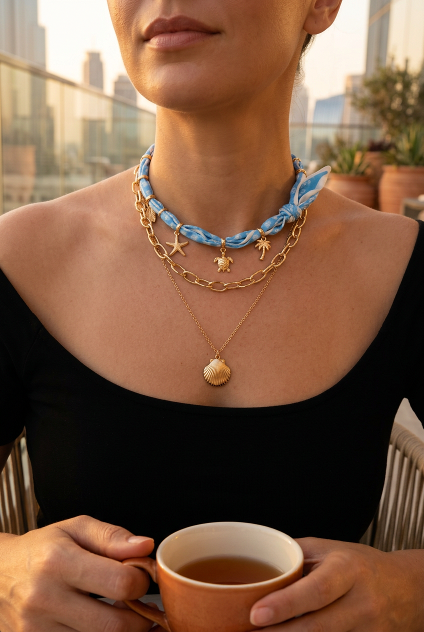 Medium-size blue scarf and gold seashell necklace worn with black