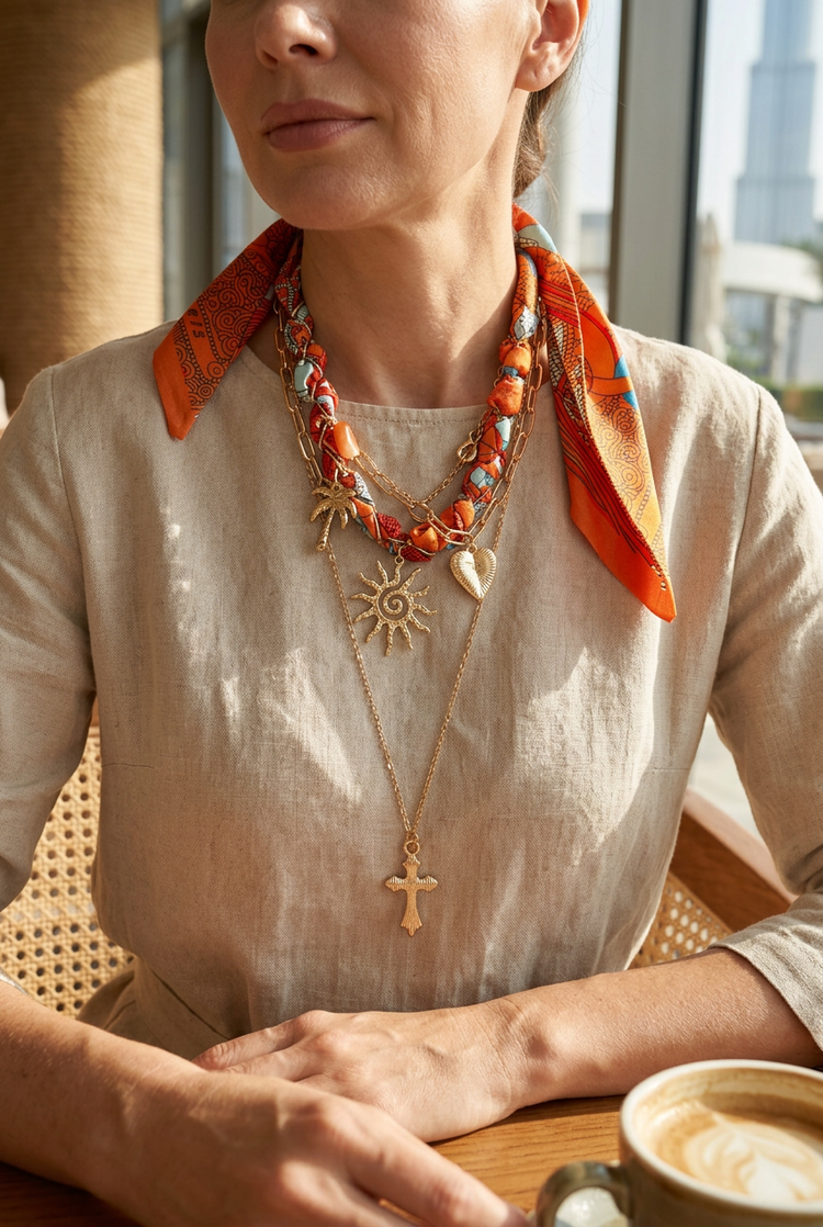 Orange scarf charm necklace worn with a linen outfit at a café