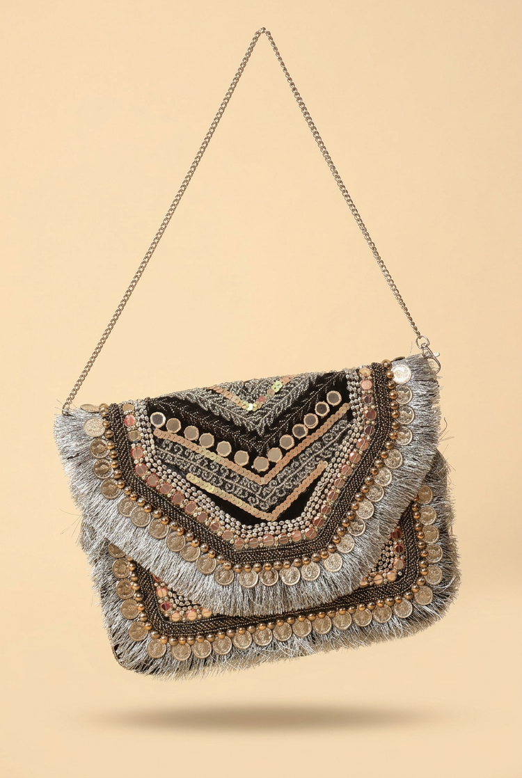 Silver After Dark black metallic chevron coin and silver-grey fringe bag, cream studio
