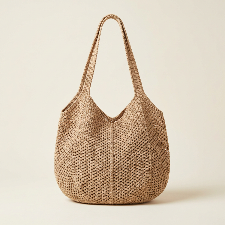 Natural beige openwork crochet shoulder bag, AI-generated studio image