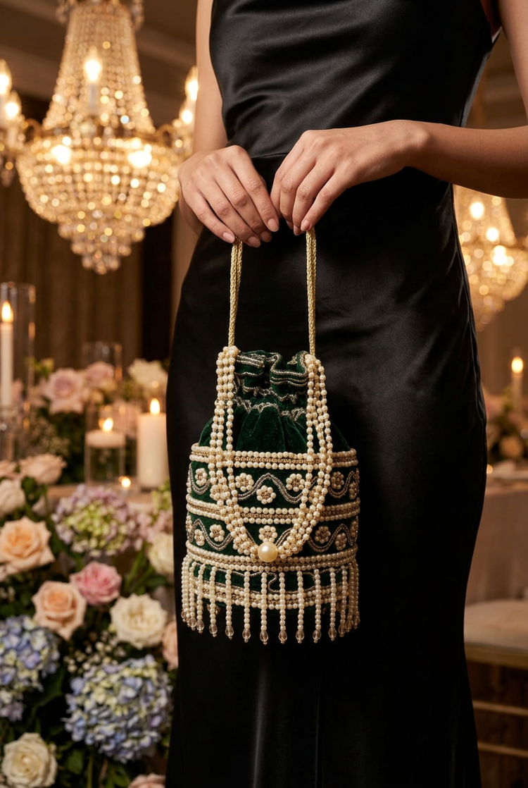 Emerald Soirée green pearl beaded potli styled for an evening reception