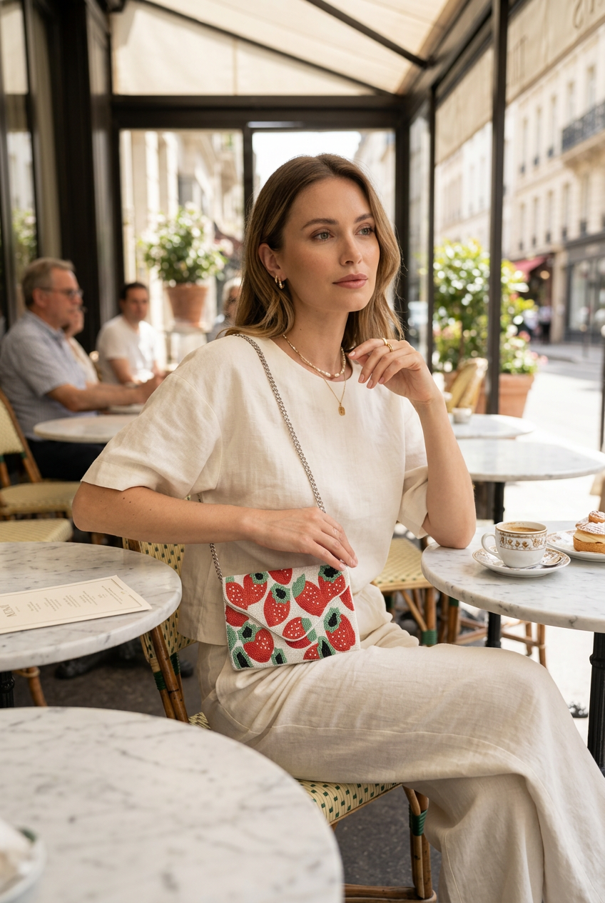 Fraise compact strawberry bag styled with ivory linen