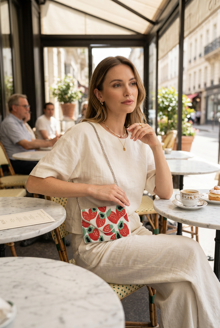 Fraise compact strawberry bag styled with ivory linen