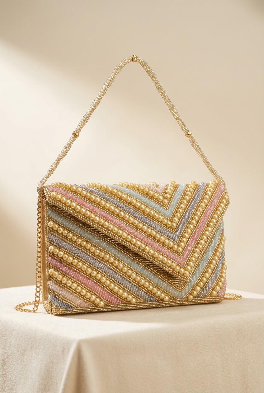 Pastel Gleam beaded bag angled studio view