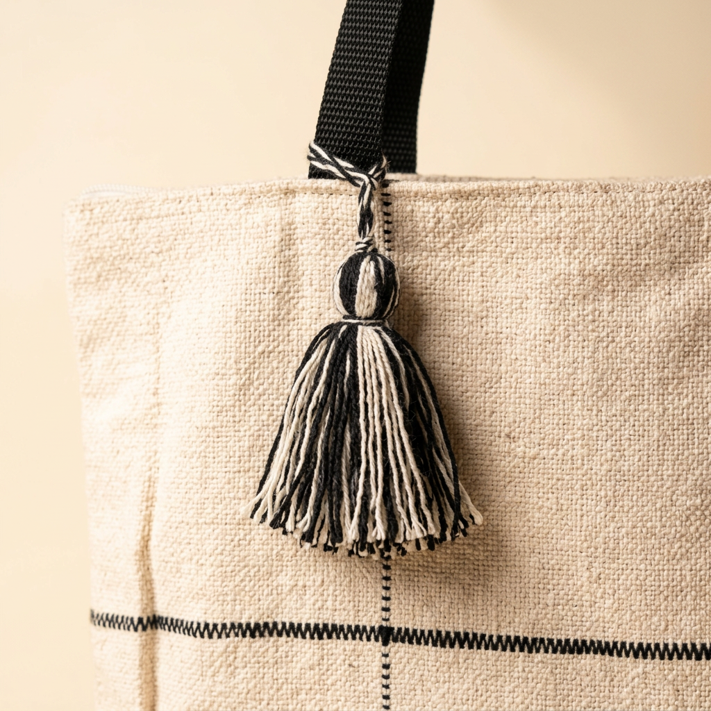 Close-up of woven cream fabric, black grid stitching and tassel detail