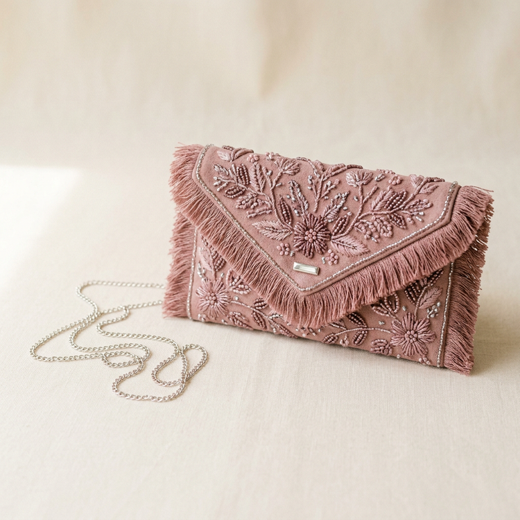 Digitally generated dusty rose floral clutch illustration