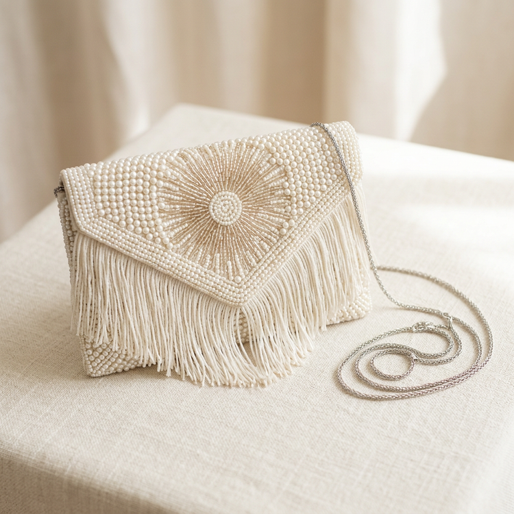 AI-generated ivory pearl sunburst fringe clutch design concept, not an existing stocked product