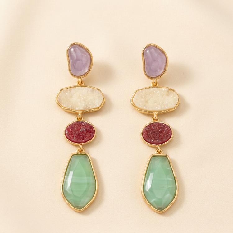Pastel Stone Gold Drop Earrings studio shot on cream