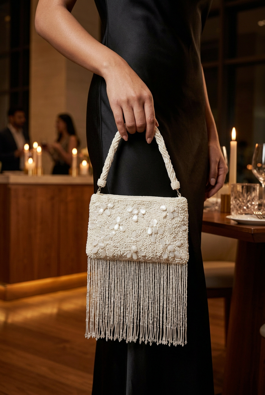 Ivory beaded fringe bag paired with a black evening dress
