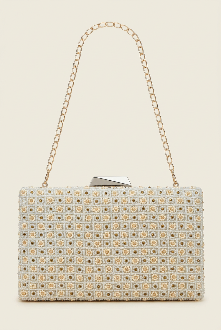 Pearl Trellis ivory beaded box clutch, studio view