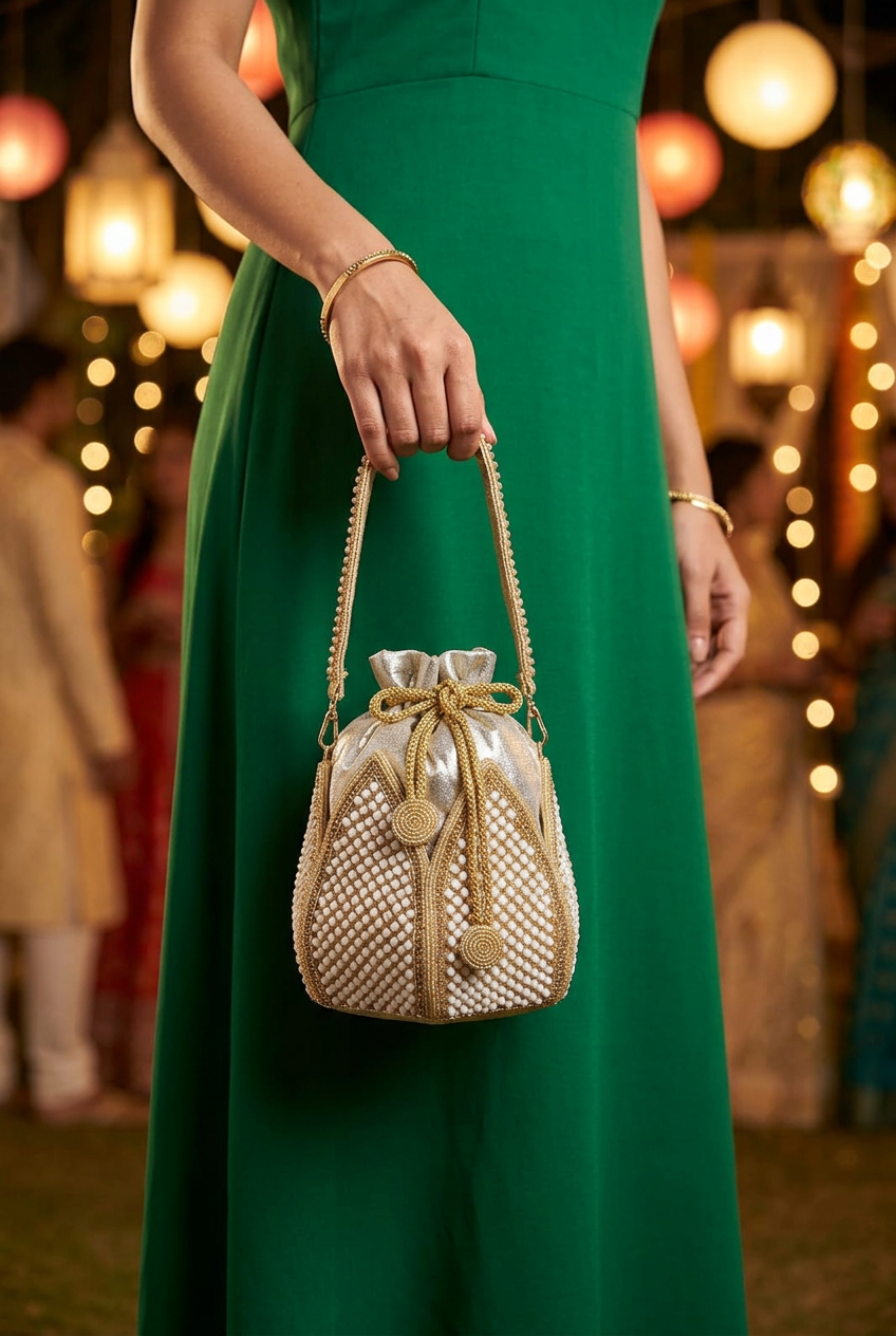 Gilded Petal potli with emerald festive dress