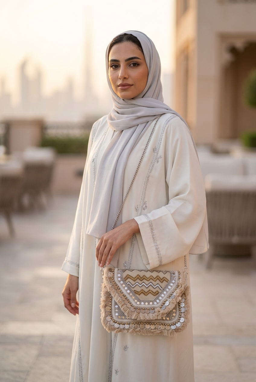 Ivory metallic zigzag fringe clutch on a silver chain with an ivory silver-embroidered abaya on a hotel terrace
