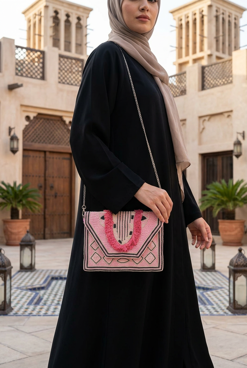 Amara pink geometric bag styled with black abaya