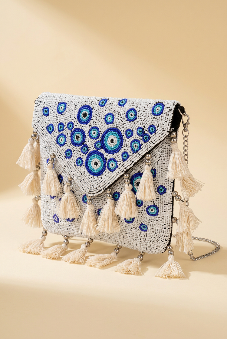 Lucky Eye evil-eye beaded tassel bag, studio