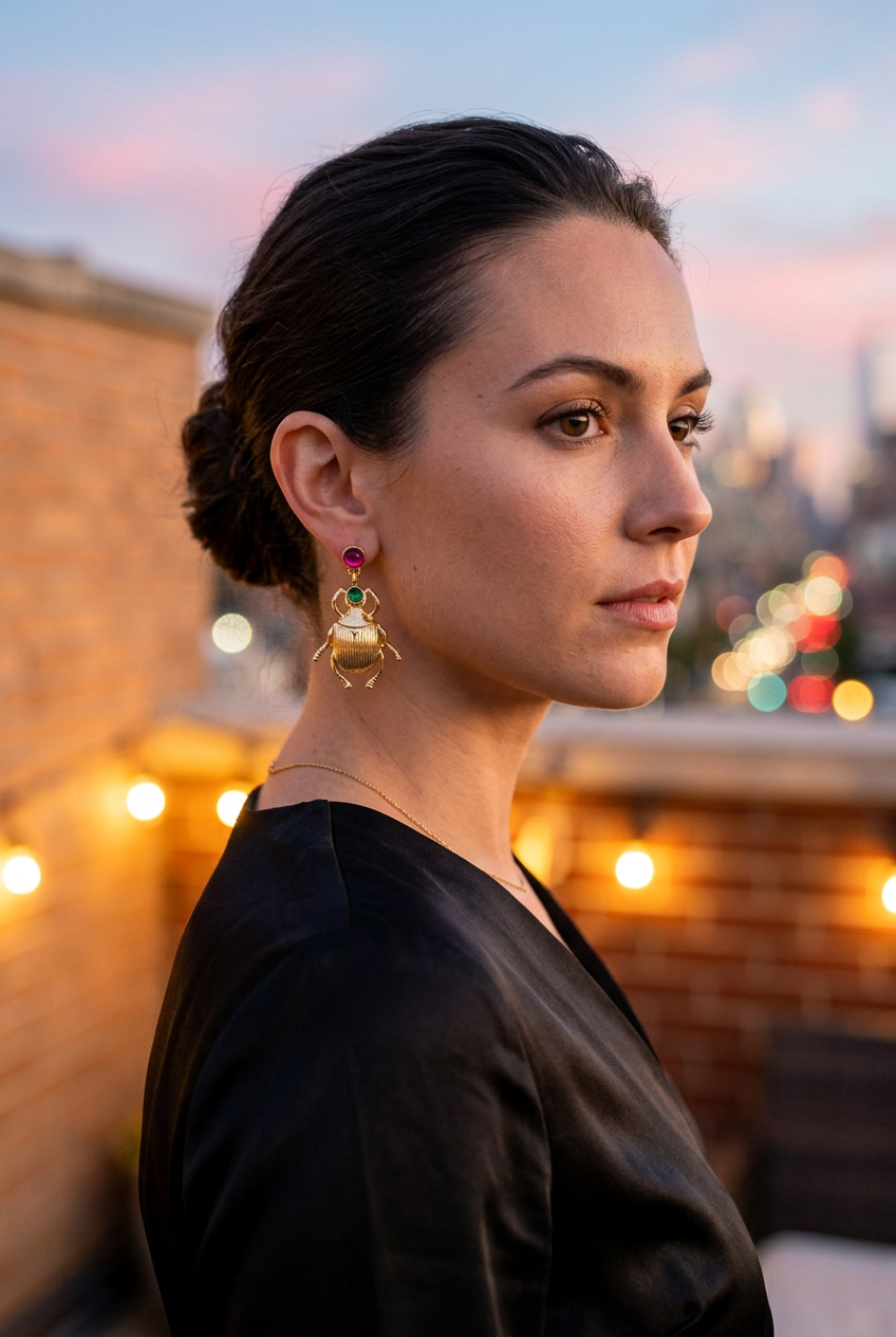 Gold beetle earrings worn with black on an evening rooftop