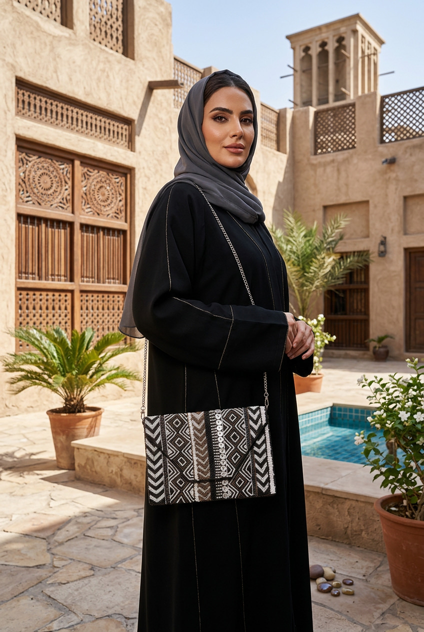 Monochrome Muse compact bag styled with black abaya