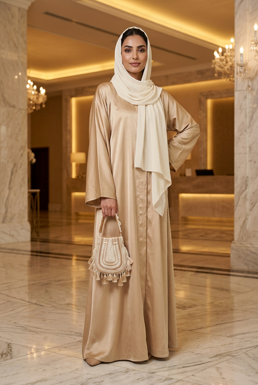 Ivory pearl and champagne tassel boho bag held by its top handle with a champagne satin abaya and ivory shayla in a hotel lobby