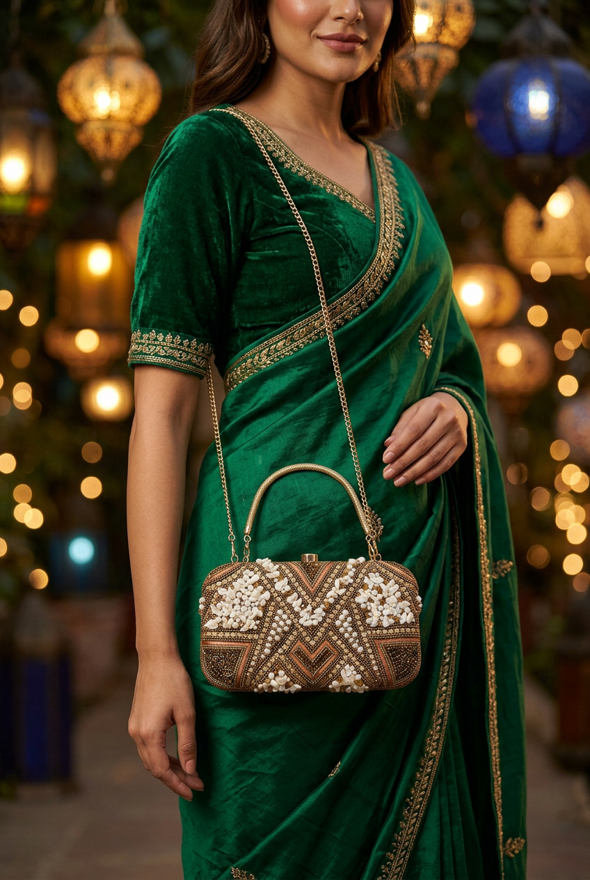 Bronze Mosaic sling bag with emerald festive outfit