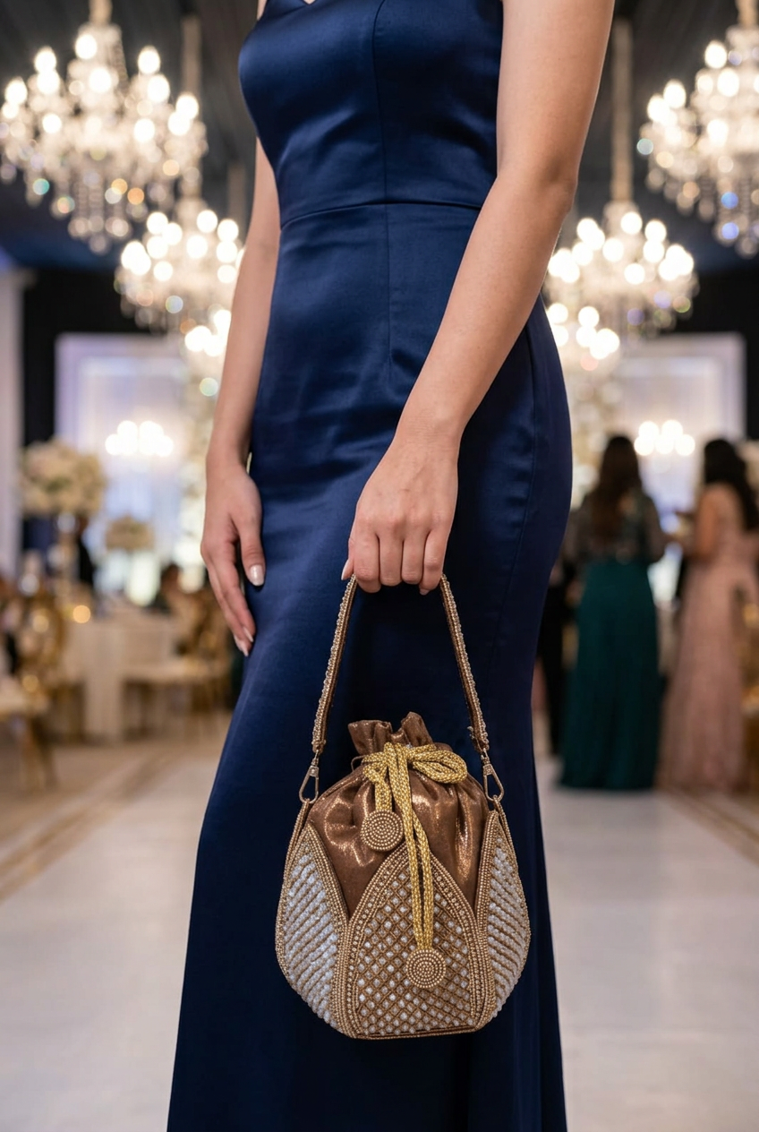 Bronze Petal potli with navy reception dress