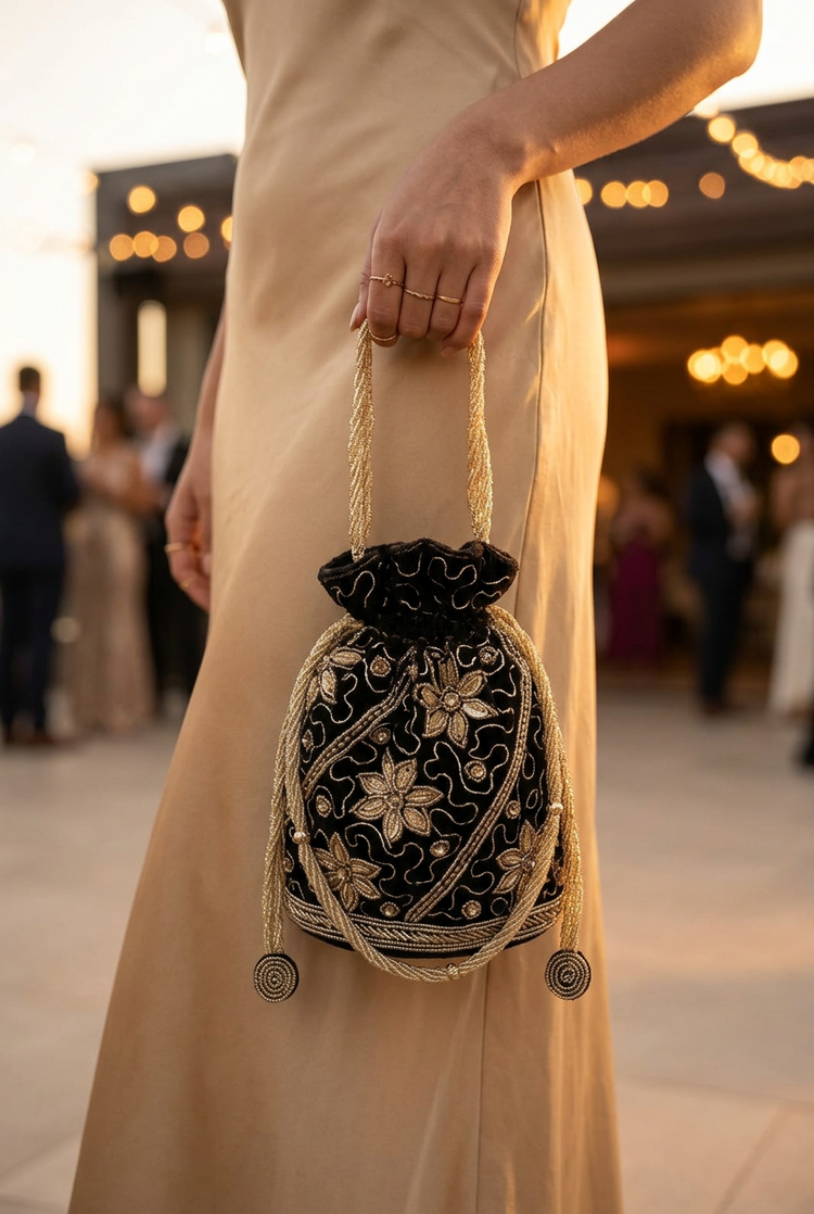 Midnight Botanica black floral beaded potli with evening wear