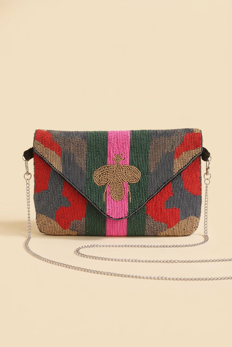 City Muse charcoal striped beaded envelope bag, studio