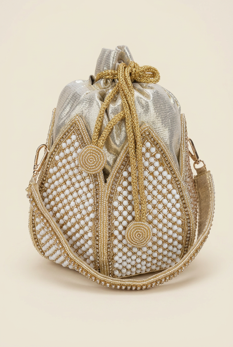 Gilded Petal pearl lattice potli, front studio view