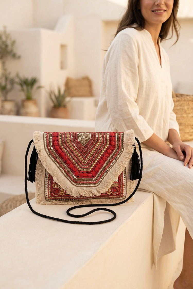 Beige Chevron clutch with black fabric strap styled with ivory linen