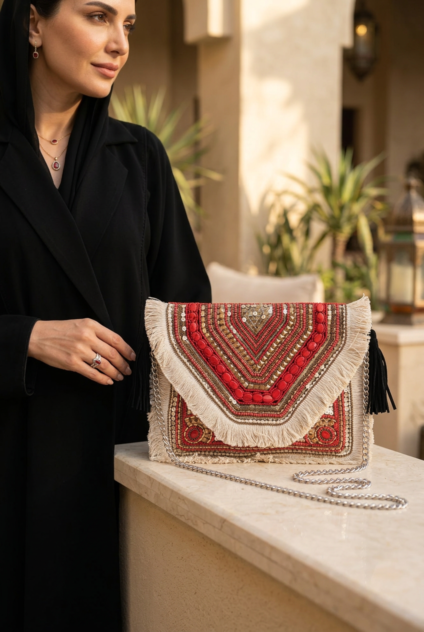 Red & Ivory chevron bag with black abaya