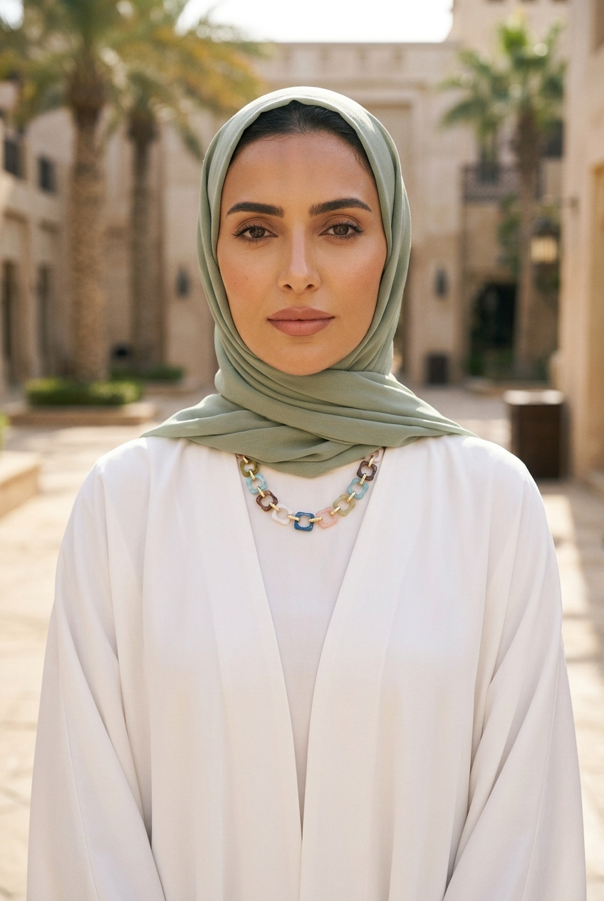 Multicolour marbled square-link necklace worn over a white abaya with a sage green shayla in a Dubai courtyard