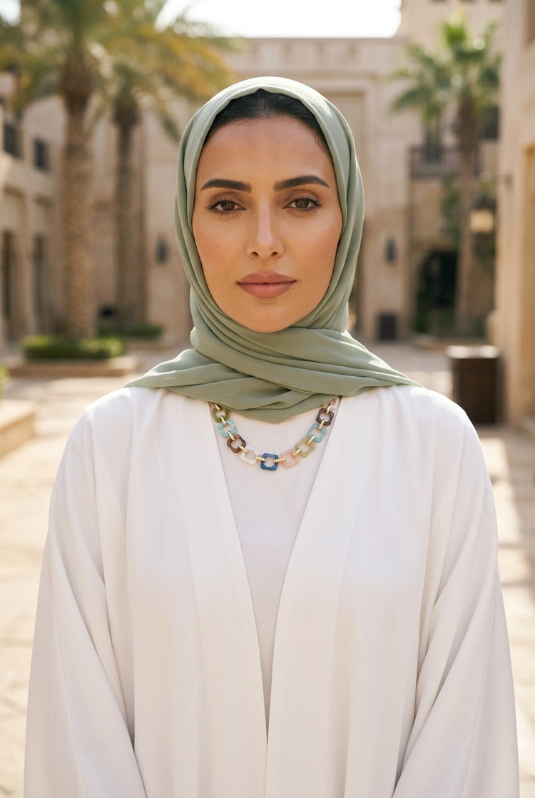 Multicolour marbled square-link necklace worn over a white abaya with a sage green shayla in a Dubai courtyard