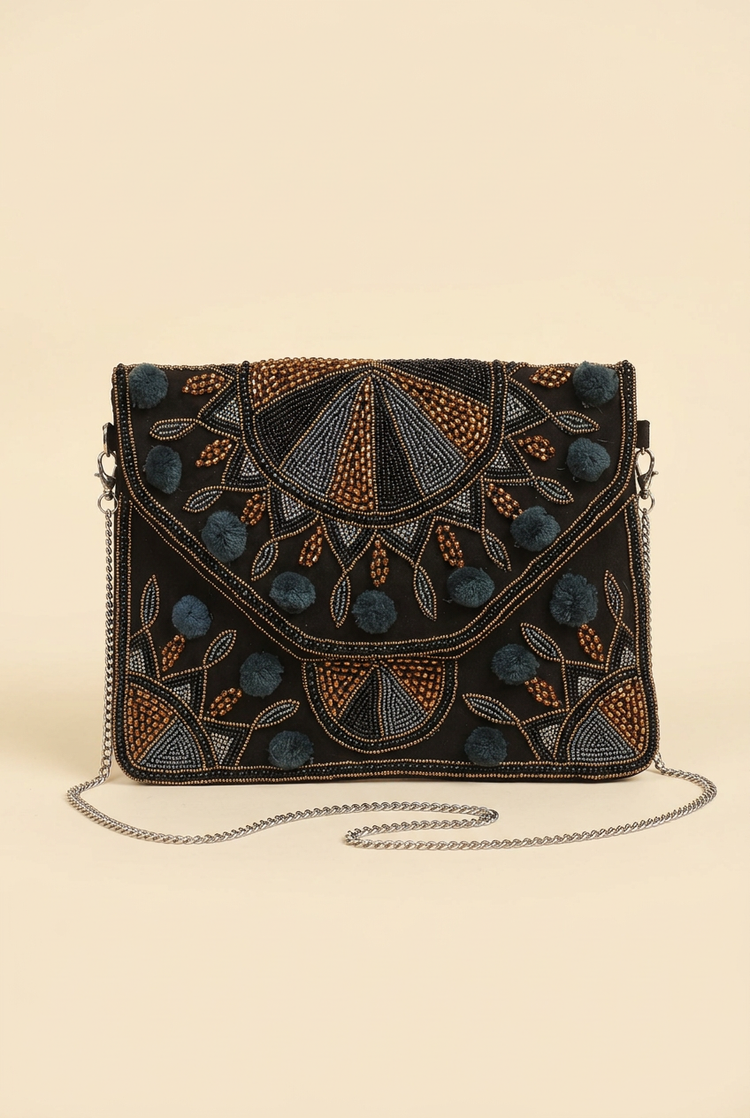 Midnight Mosaic black and bronze beaded pom-pom bag, studio