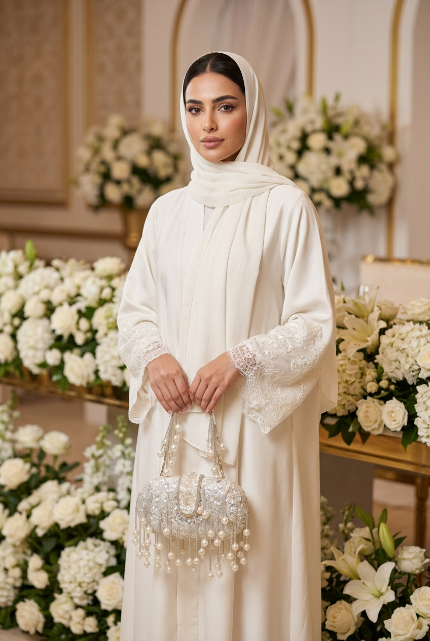 Pearl cascade sequin clutch held by its pearl handles with a white lace-sleeve abaya at a wedding reception