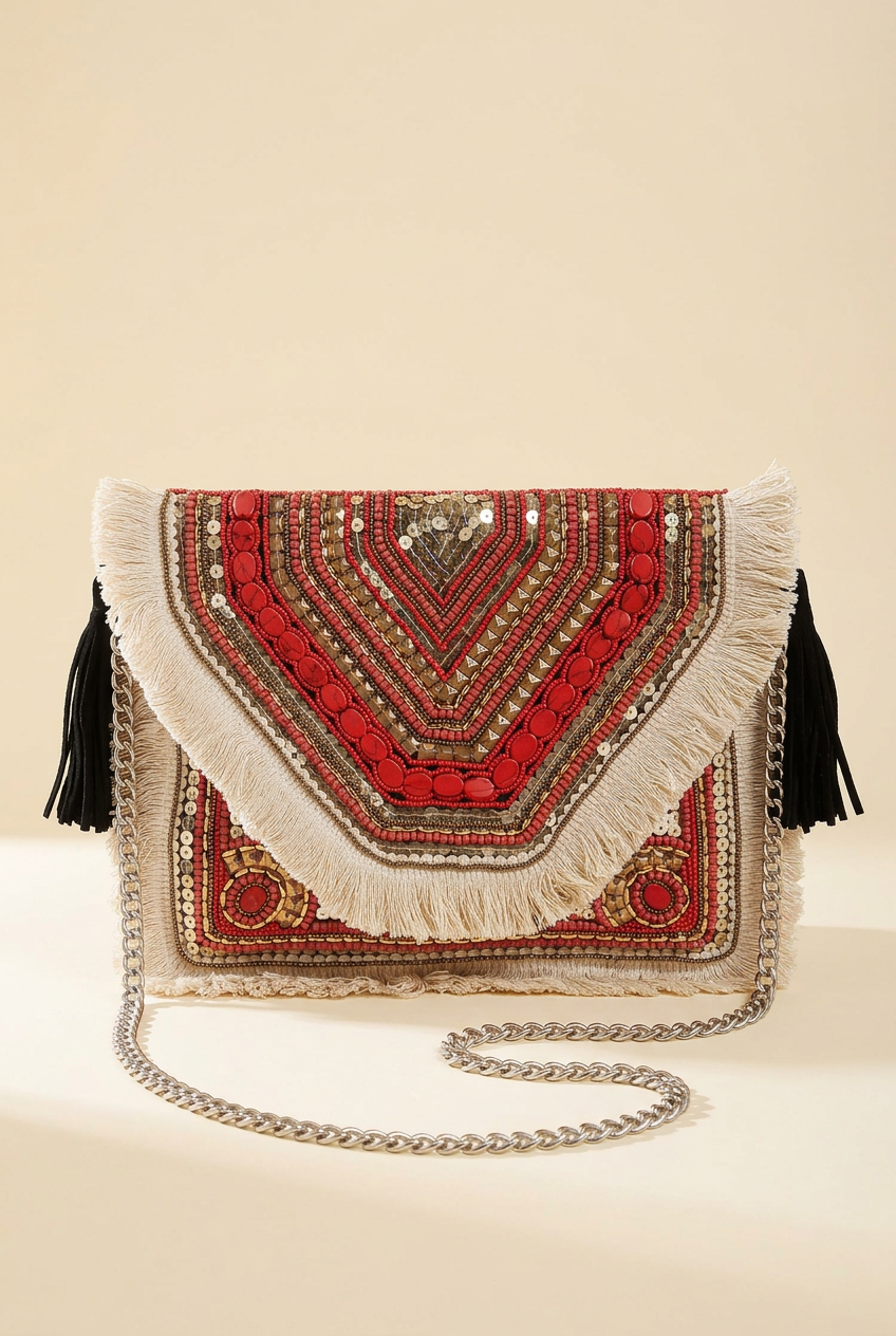 Red & Ivory chevron beaded fringe bag, studio