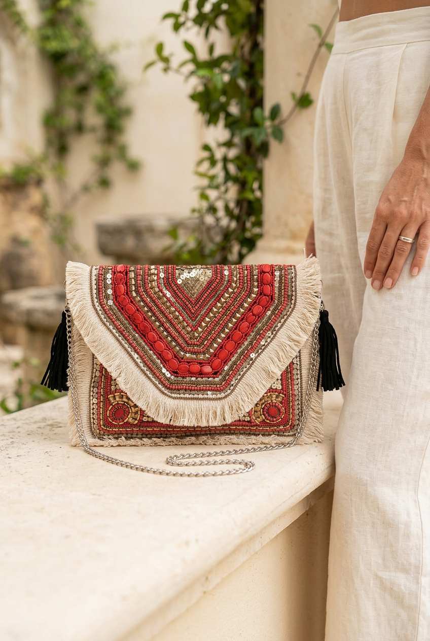Red & Ivory chevron bag with ivory linen