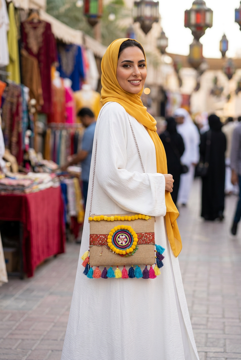 Yellow pom-pom and multicolour tassel boho clutch on a silver chain with a white abaya and mustard shayla at a festive market