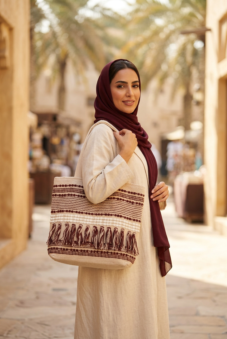 Burgundy and cream tassel woven tote on the shoulder of a woman in a cream abaya and burgundy shayla in a market lane