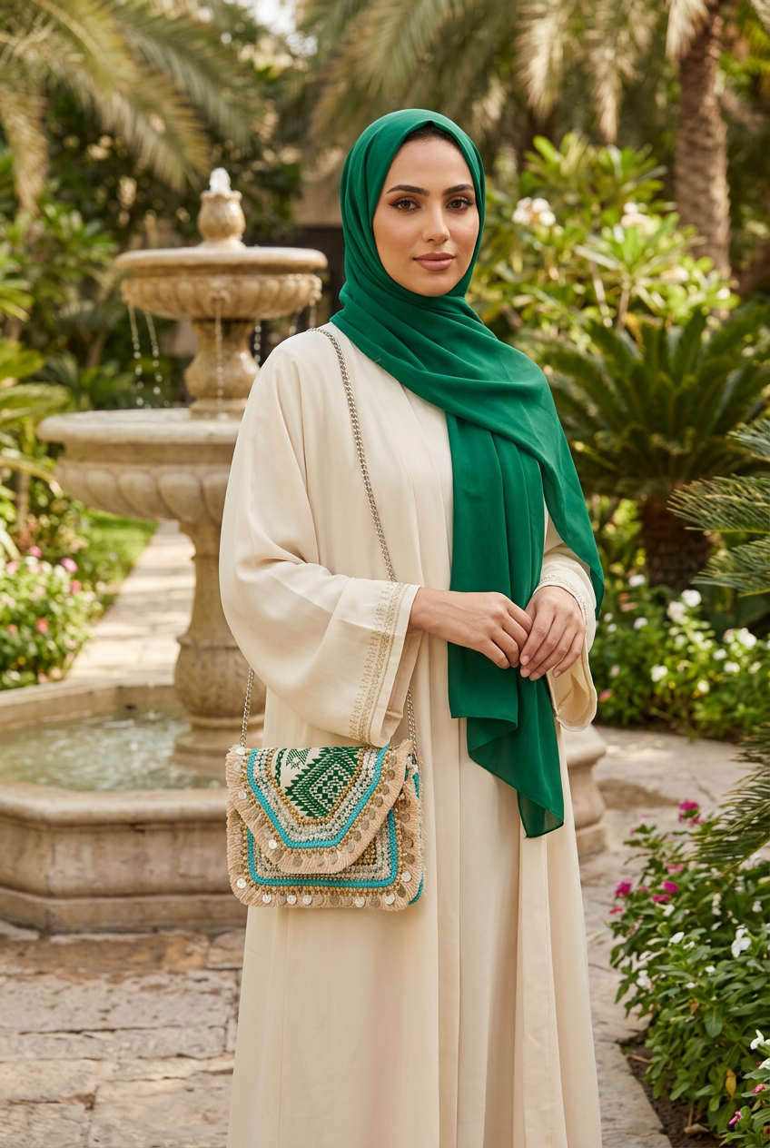 Green and turquoise coin fringe boho clutch on a silver chain with a cream abaya and emerald shayla in a palm garden