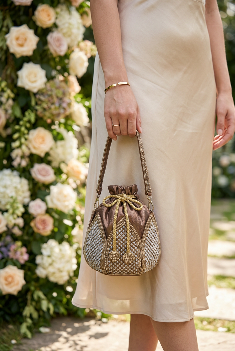 Bronze Petal potli with champagne garden wedding dress