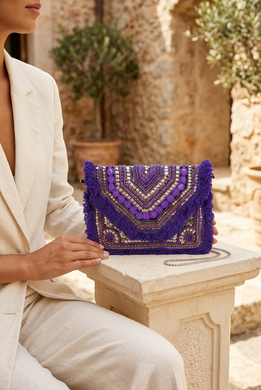 Purple Chevron clutch styled with ivory linen