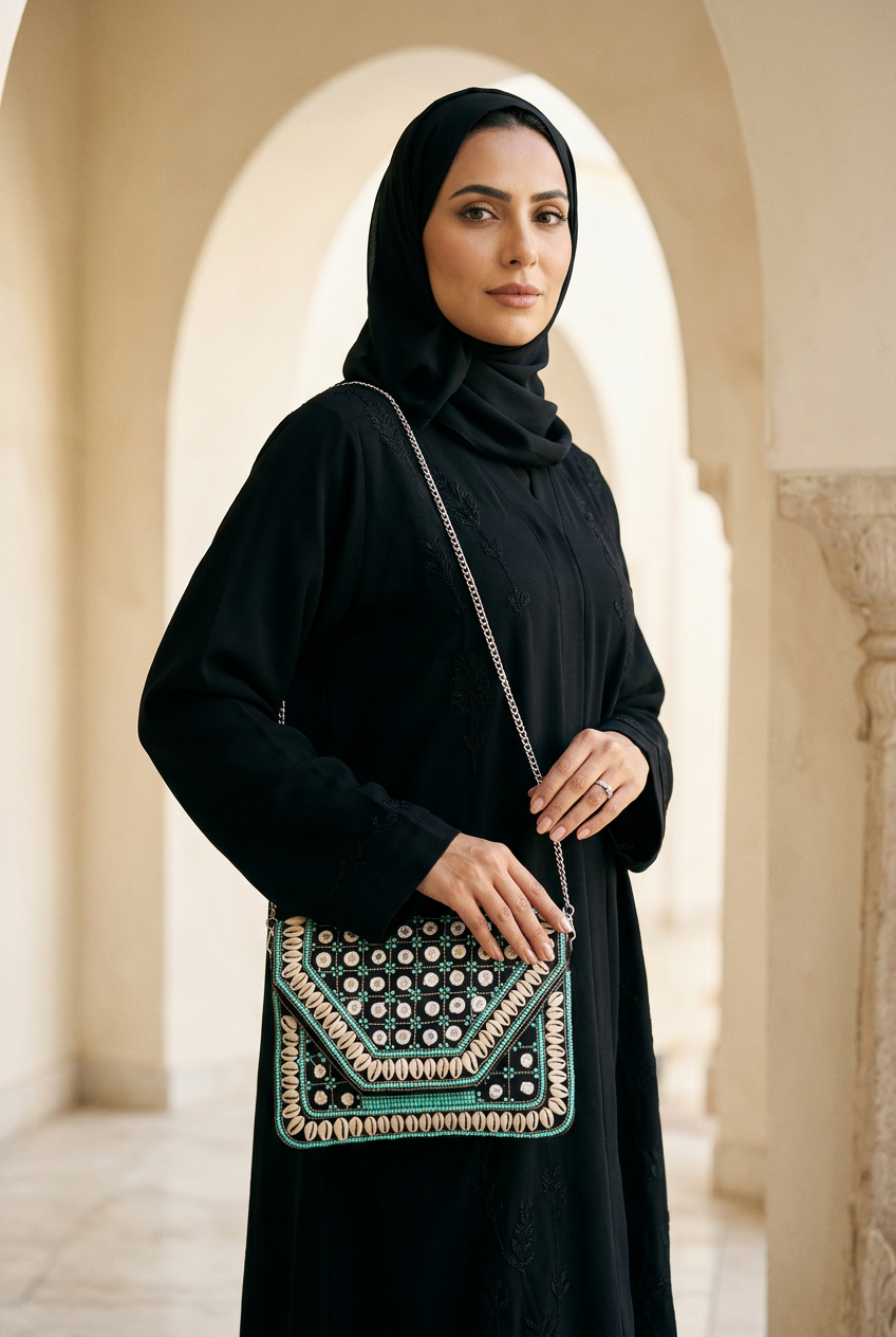 Black & Turquoise shell clutch styled with black abaya