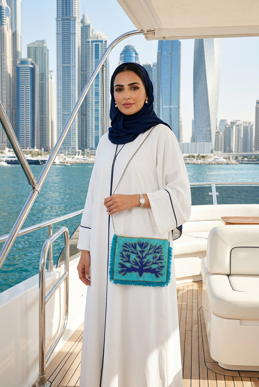 Turquoise and navy coral beaded fringe clutch on a silver chain with a navy-trimmed white abaya and navy shayla on a yacht at Dubai Harbour