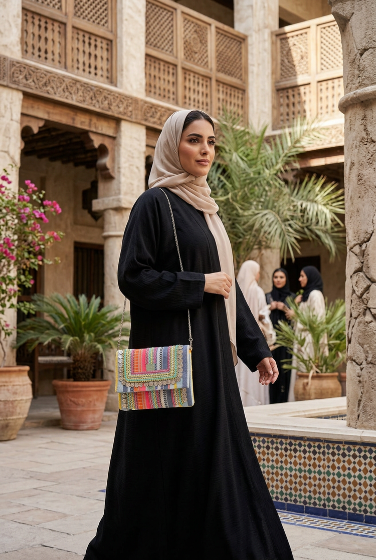 Candy Coast colourful coin-trim bag styled with black abaya