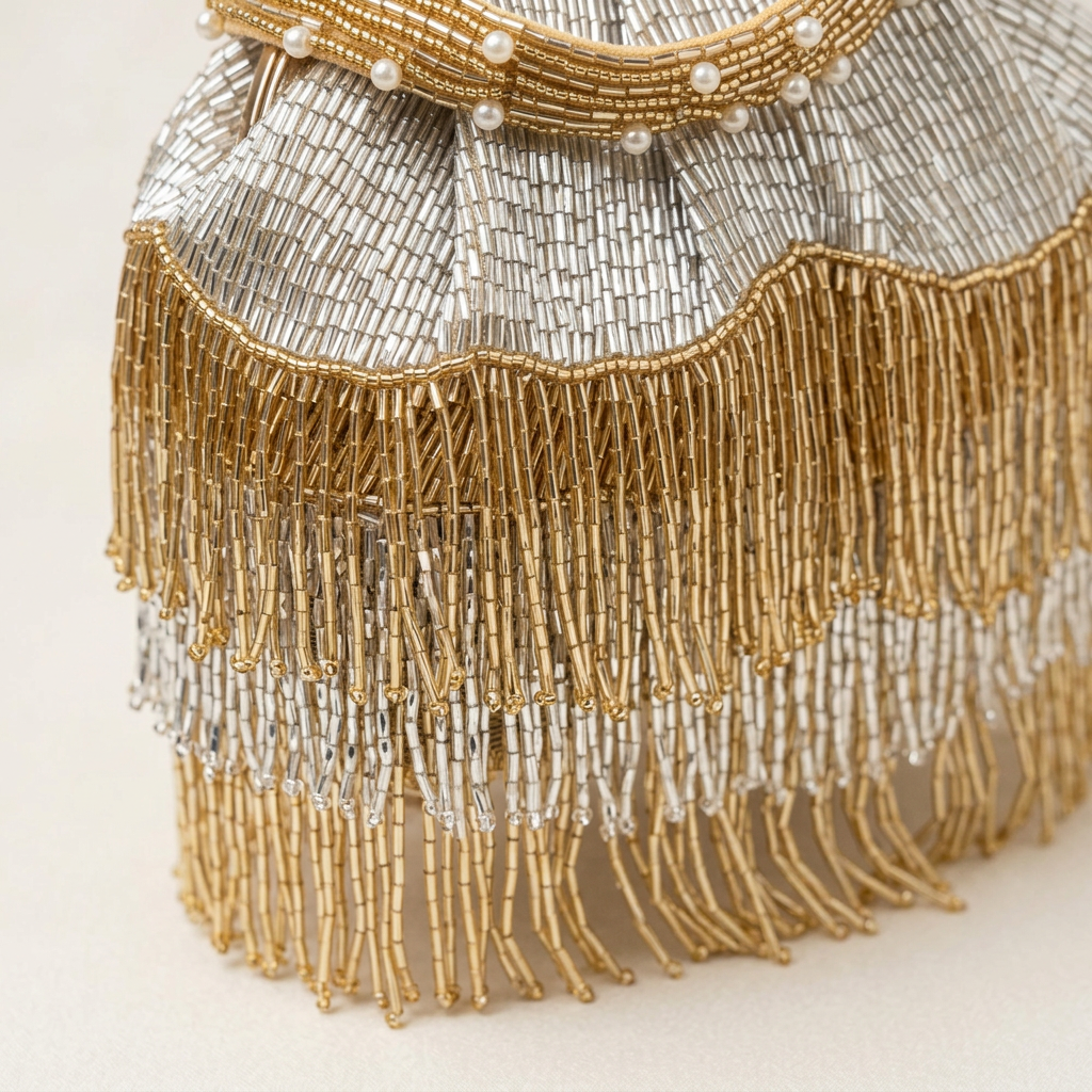 Detail of alternating gold and silver bead fringe tiers