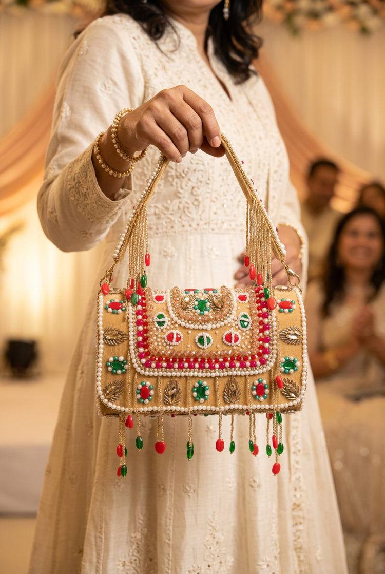 Woman in an ivory embroidered festive outfit holding the jewelled gold handbag with red and green stones by its top handle