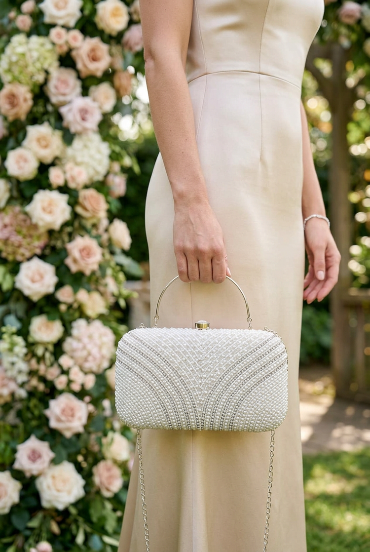 Pearl Arches ivory clutch at a garden wedding, corrected close-up