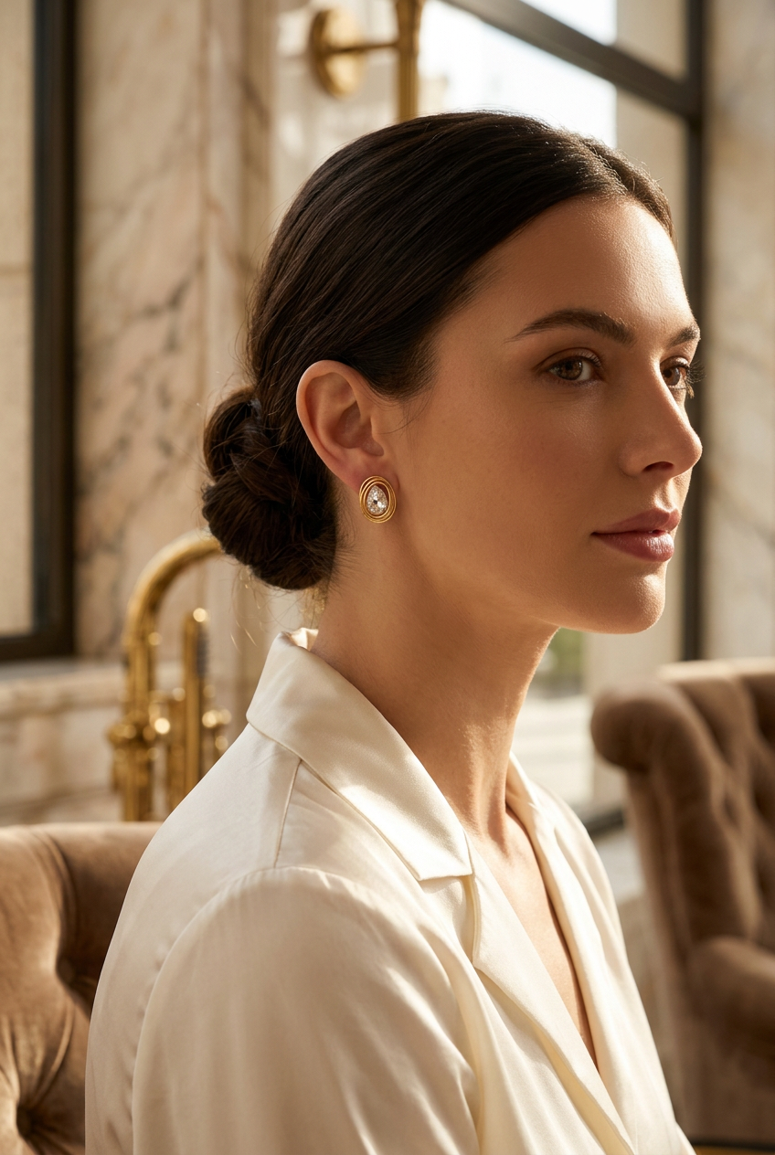 Crystal swirl gold studs worn in a marble hotel lobby