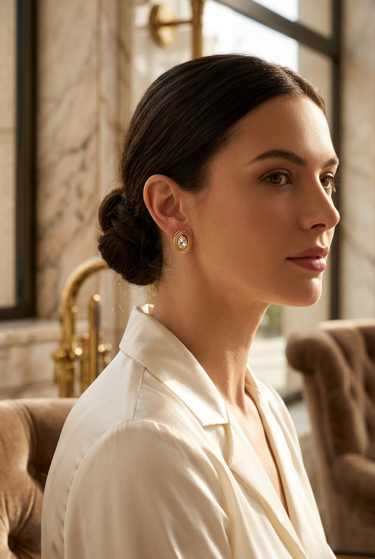 Crystal swirl gold studs worn in a marble hotel lobby