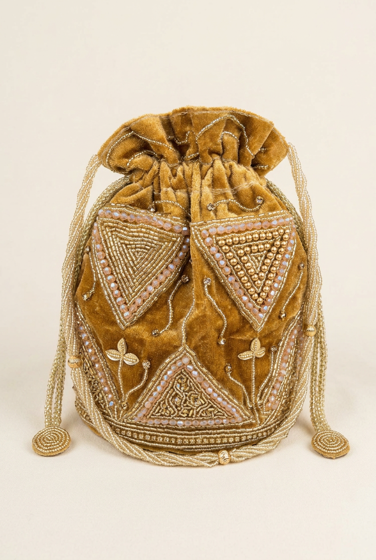 Golden Prism gold geometric beaded potli, front studio view