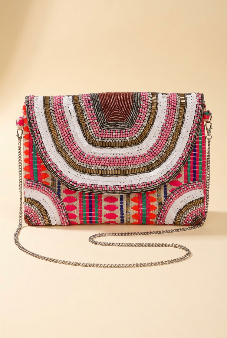 Pink Reverie multicolour sequin and beaded flap bag, studio