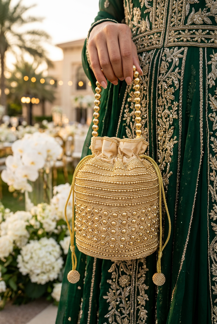 Golden Halo gold beaded potli styled with an emerald outfit at a garden wedding